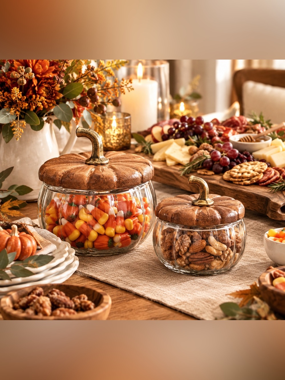 Glass Pumpkin Canister Snack Set w/ Wood Lid Fall Table Charcuterie Pottery Barn